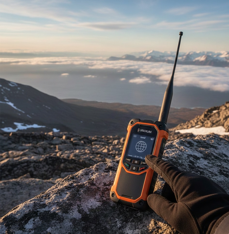 Handheld Iridium satellite phone with extended antenna for global communication.